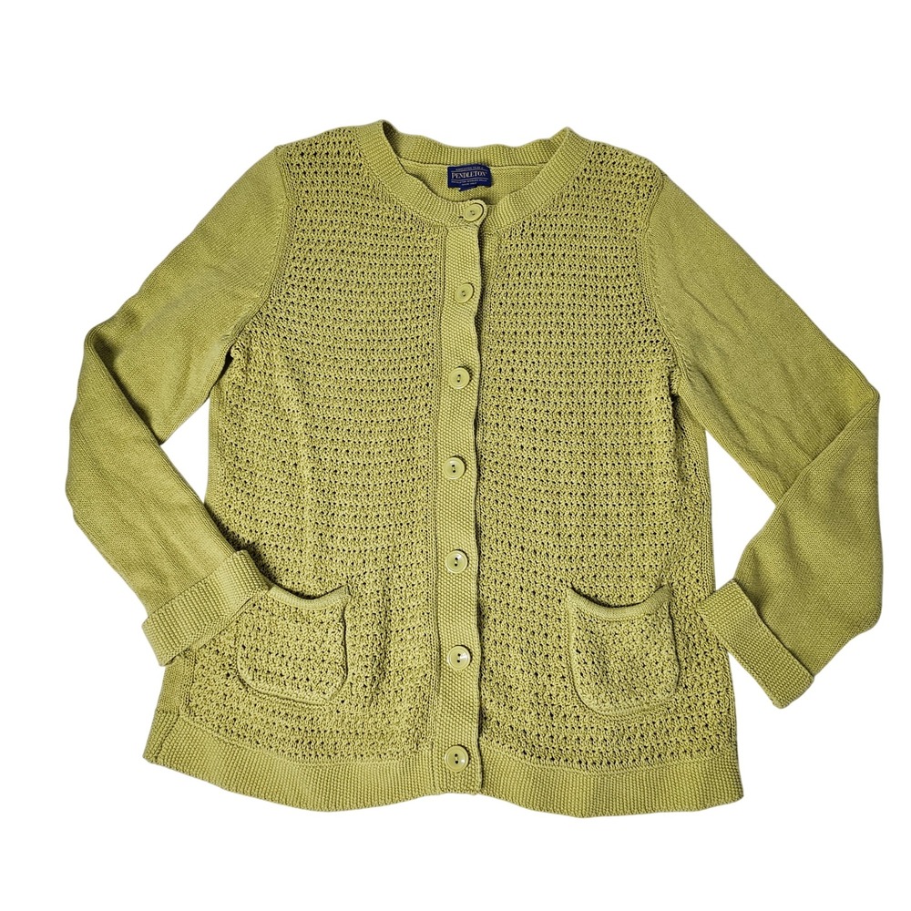 Pendleton Women's Cardigan‎ Sweater Button Open Knit Pockets Chartreuse Green S